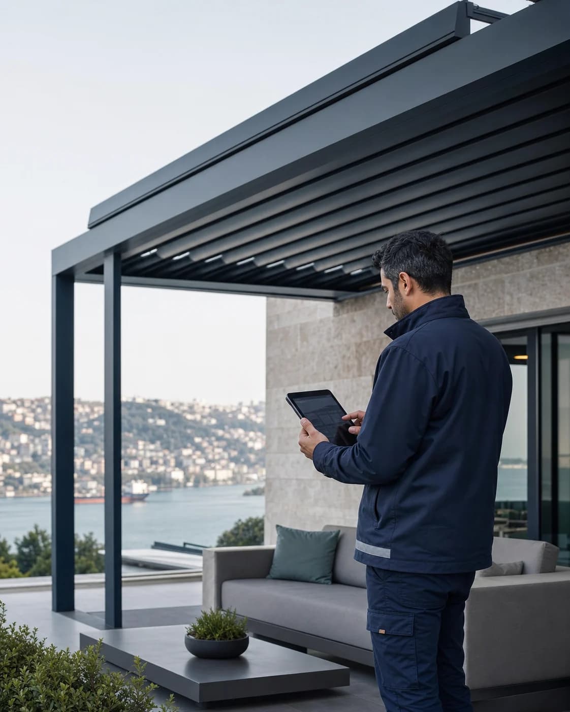 Biyoklimatik pergola sisteminin altında tablet ile saha kontrolü yapan Liyakat Grup saha sorumlusu