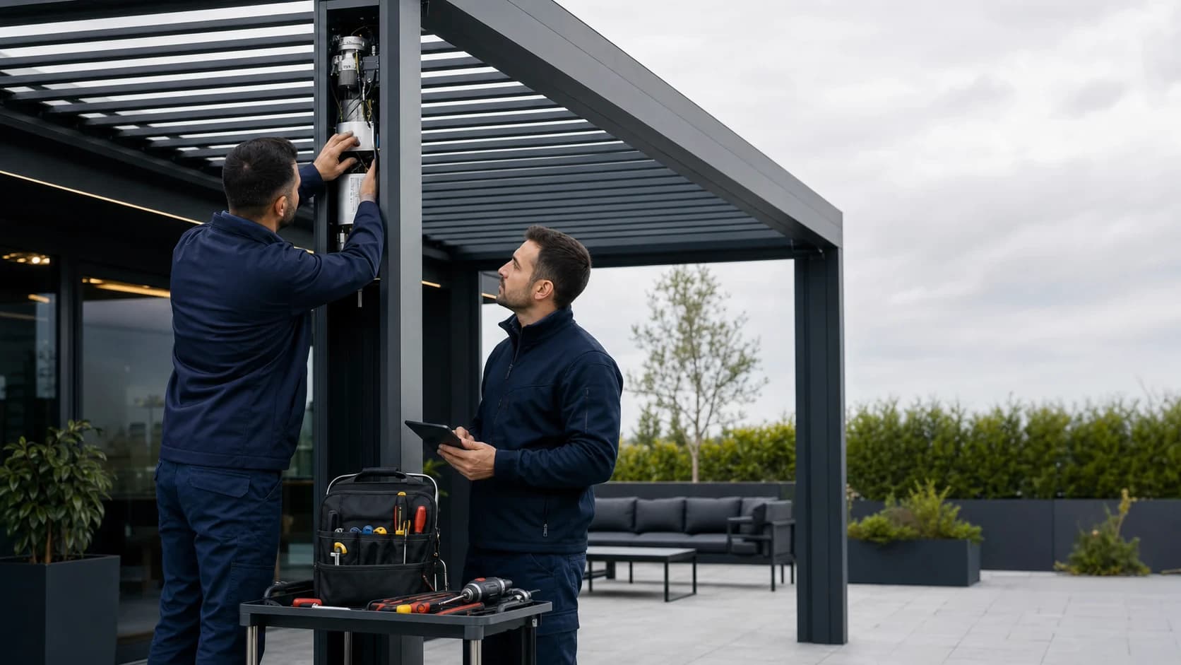 Teknik servis ekibi pergola motor ve bağlantı sistemlerini kontrol ediyor